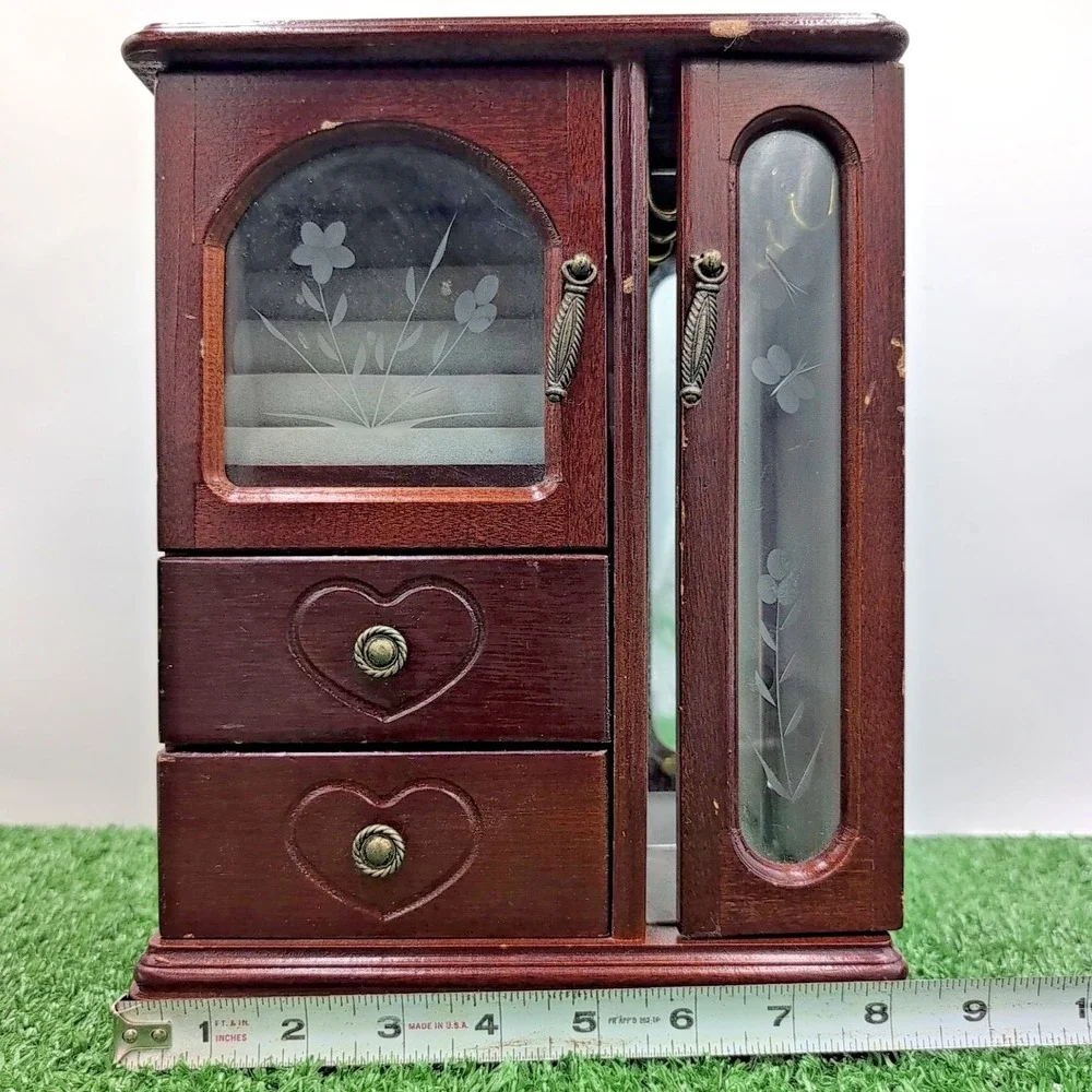 Brown Wooden Floral Heart Jewelry Box with Mirror, Drawers, Hooks, Velvet Lining